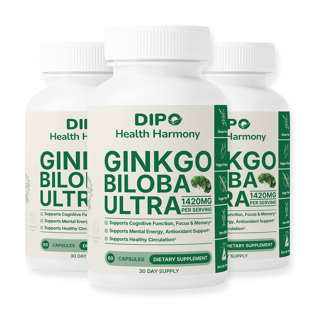 DIPO Ginkgo Biloba Ultra - Mental Clarity and Focus Herbal Supplement 3 pack