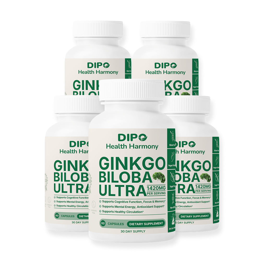 DIPO Ginkgo Biloba Ultra - Mental Clarity and Focus Herbal Supplement 5 pack